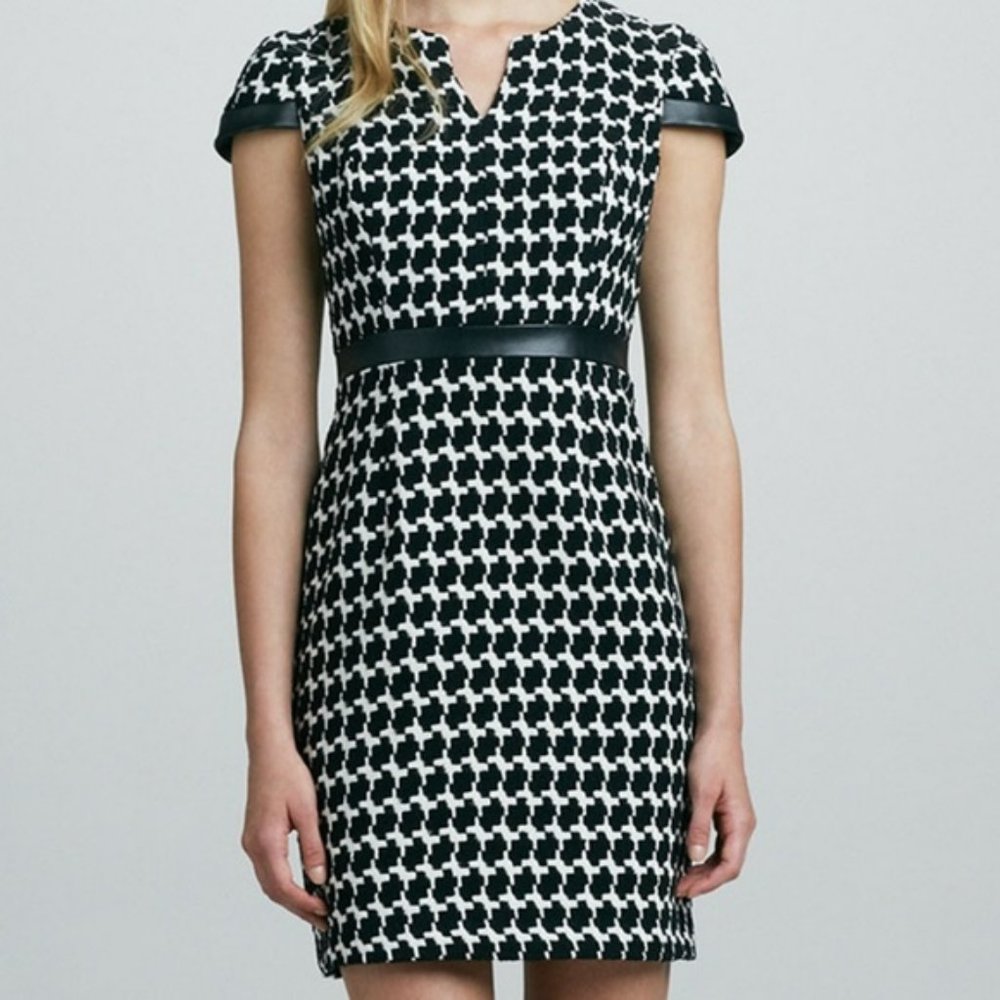 Shoshanna Houndstooth Dress with Leather Accents